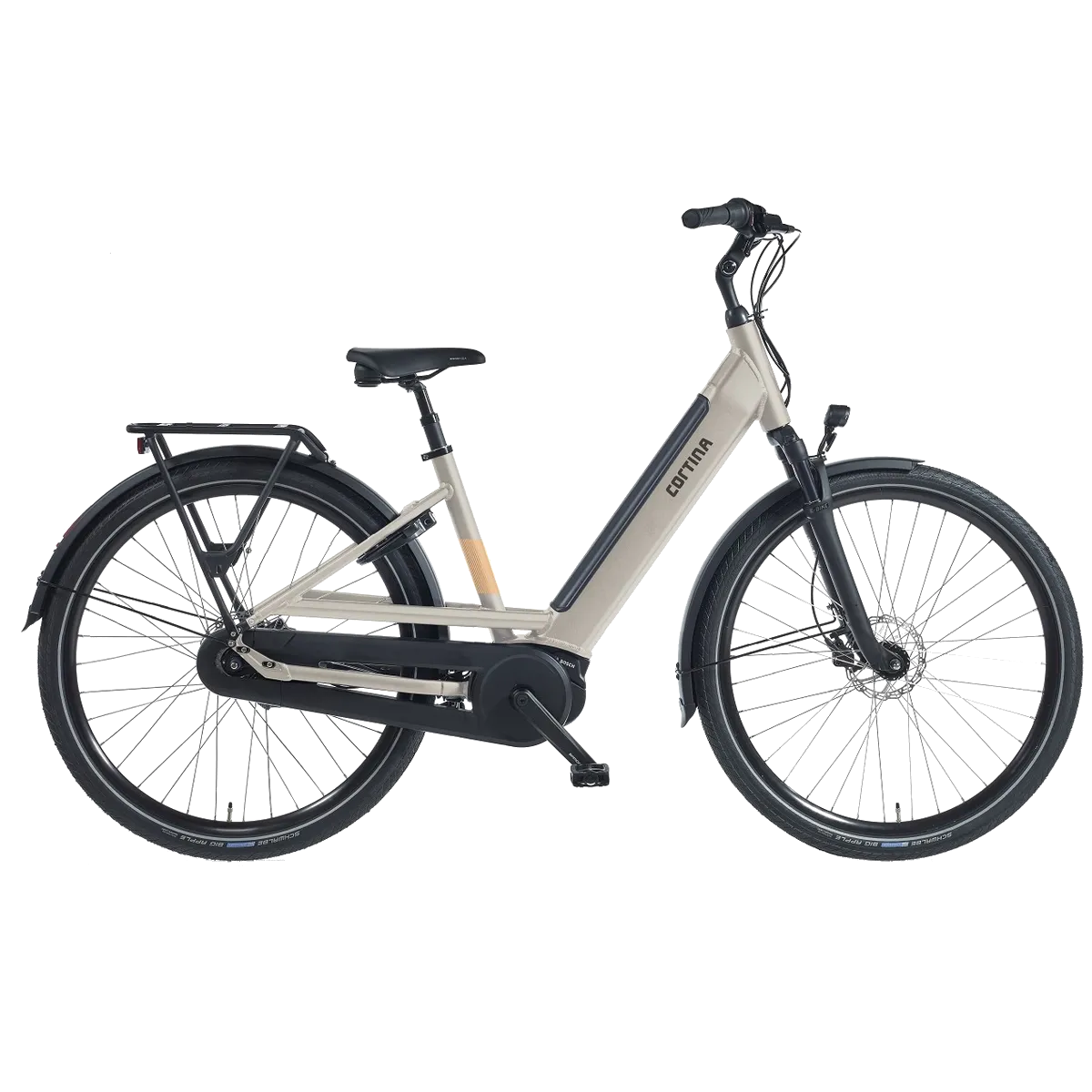 zijkant cortina e-fello Pebble Grey Gloss elektrische fiets